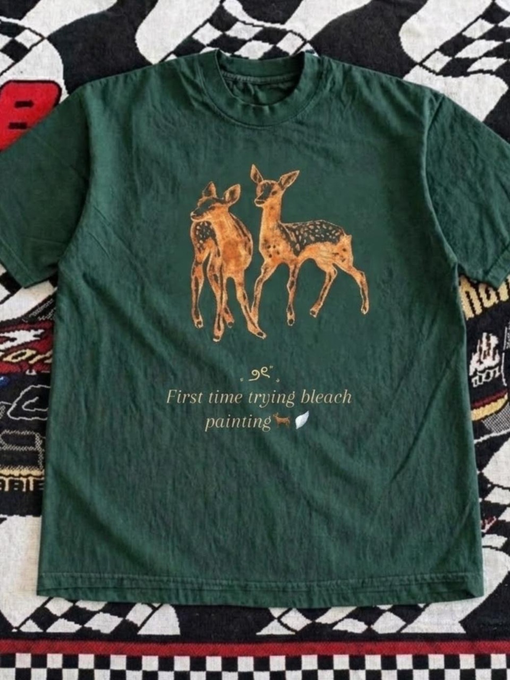 Gildan Dark Green Tee with Bleach-Painted Deer Graphic
